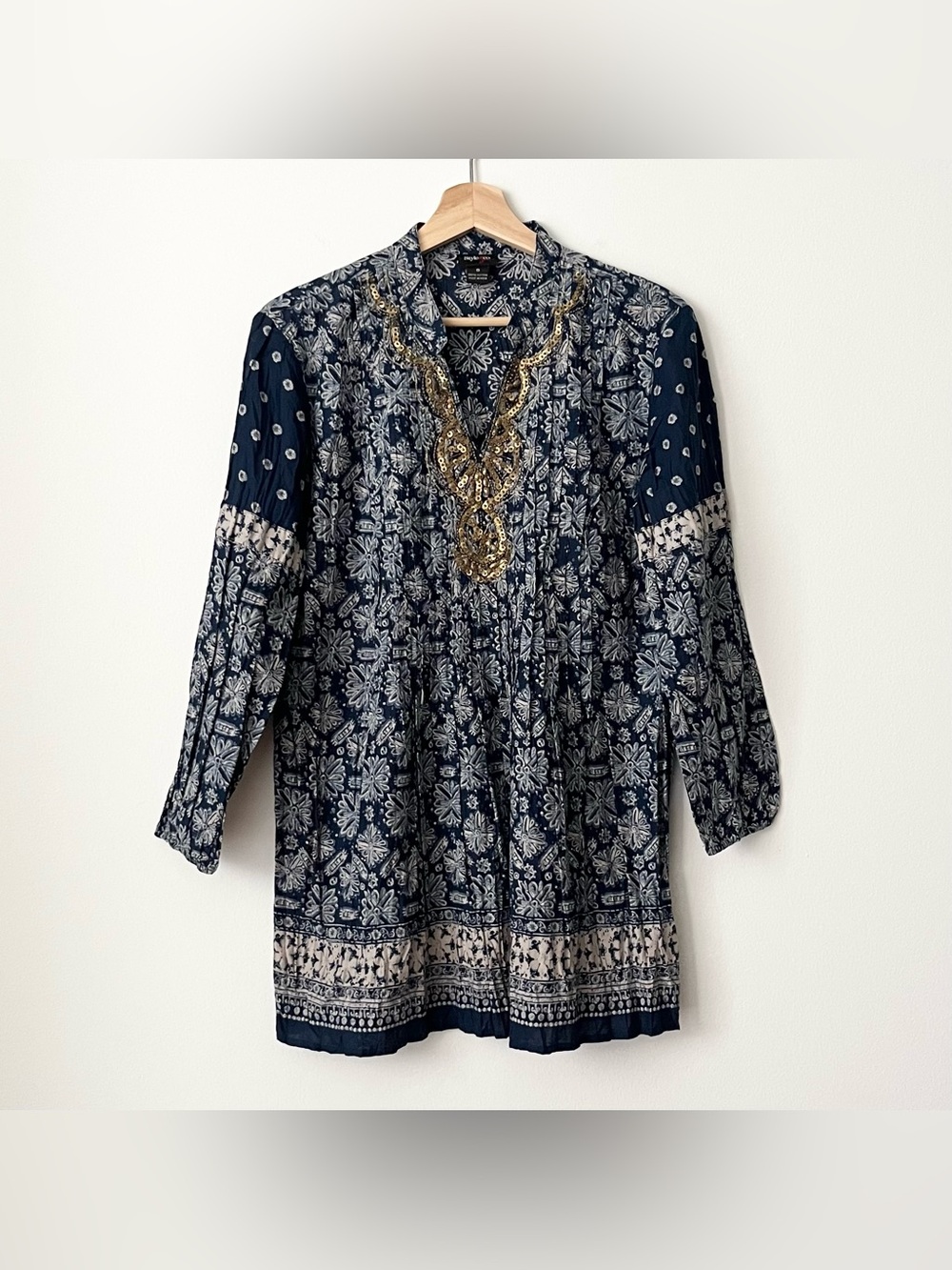 Style & Co. Jeans Women's Boho Print Tunic Top Blouse Cover-up Gold Beads Size 8